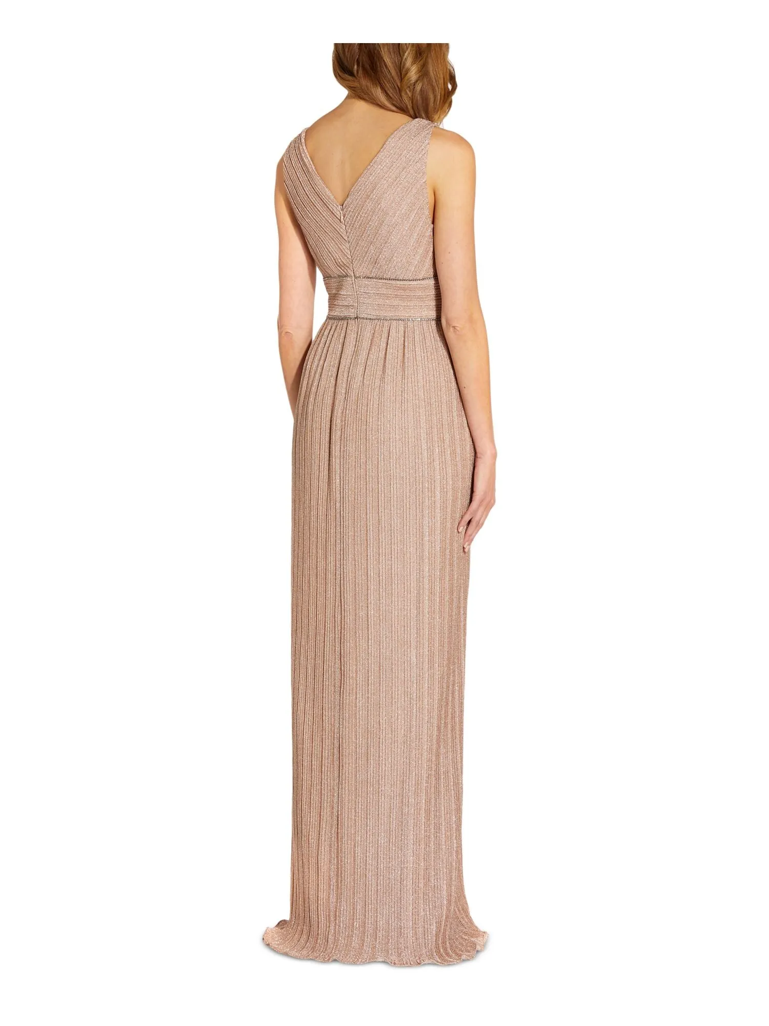 ADRIANNA PAPELL Womens Pink Zippered Embellished Pleated V Back Lined Sleeveless V Neck Full-Length Formal Gown Dress