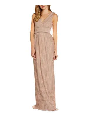 ADRIANNA PAPELL Womens Pink Zippered Embellished Pleated V Back Lined Sleeveless V Neck Full-Length Formal Gown Dress