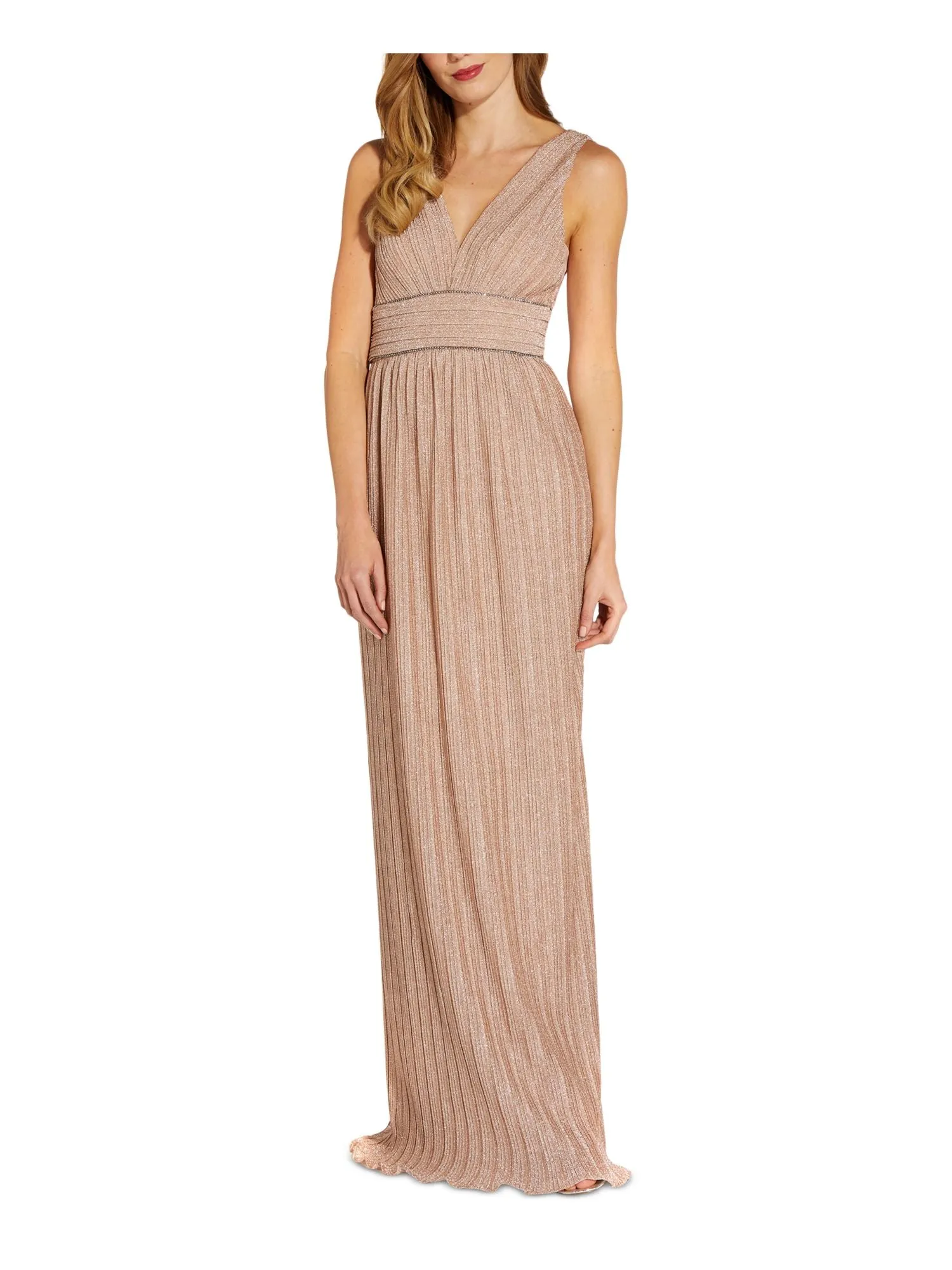 ADRIANNA PAPELL Womens Pink Zippered Embellished Pleated V Back Lined Sleeveless V Neck Full-Length Formal Gown Dress