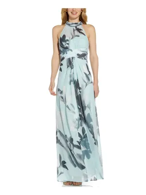 ADRIANNA PAPELL Womens Turquoise Sleeveless Halter Formal Gown Dress