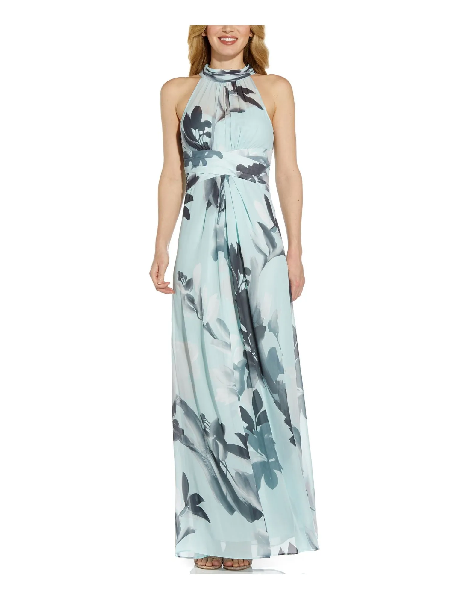 ADRIANNA PAPELL Womens Turquoise Sleeveless Halter Formal Gown Dress