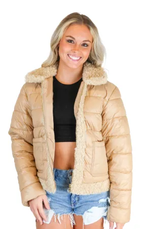 ann taylor brown puffer jacket with teddy detail (xs; retail $208)