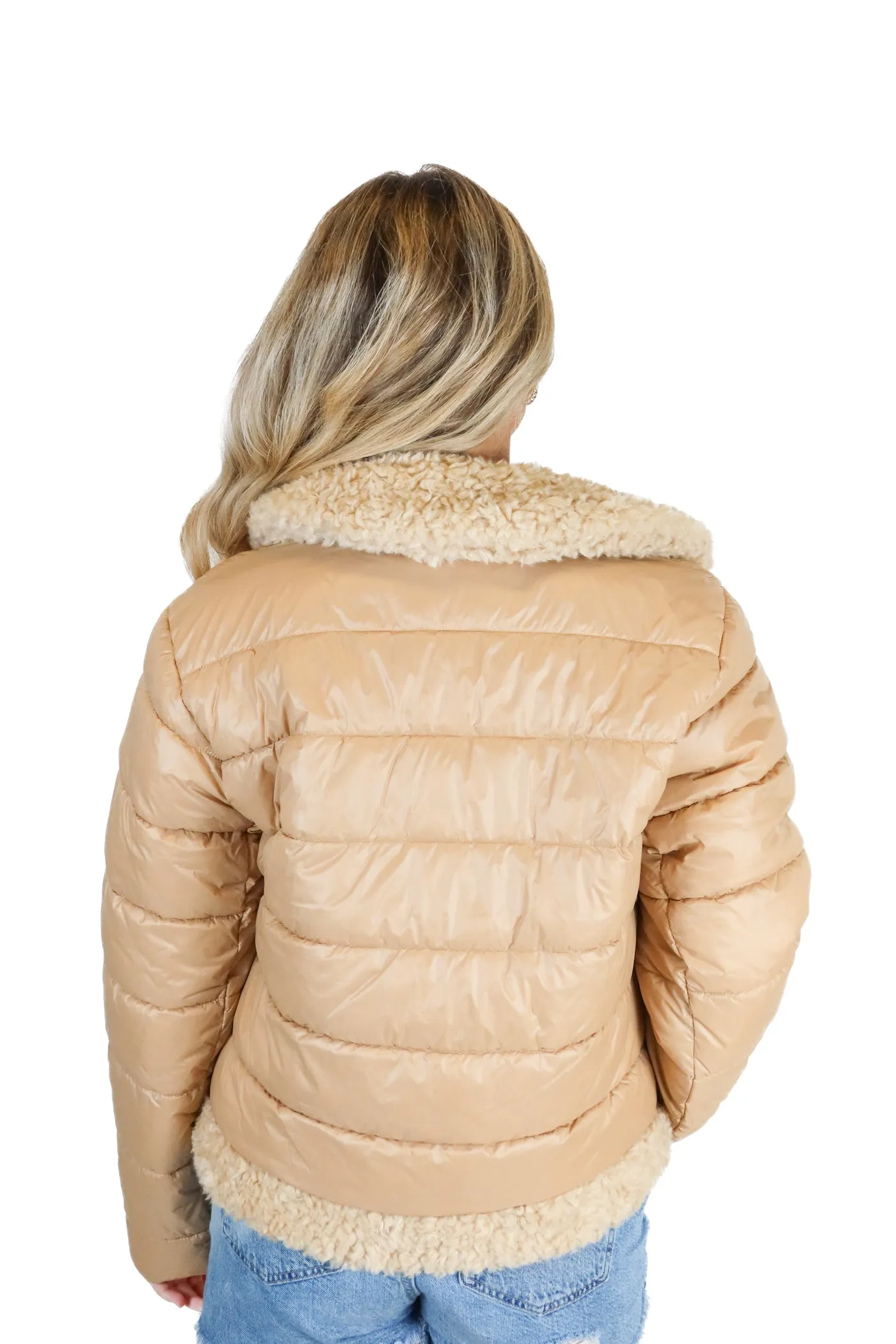 ann taylor brown puffer jacket with teddy detail (xs; retail $208)