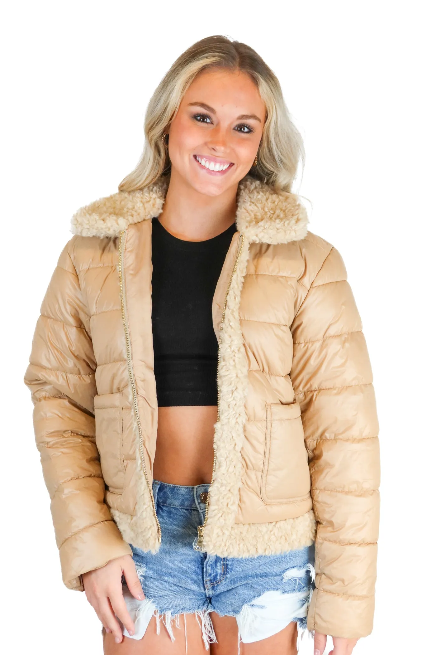 ann taylor brown puffer jacket with teddy detail (xs; retail $208)