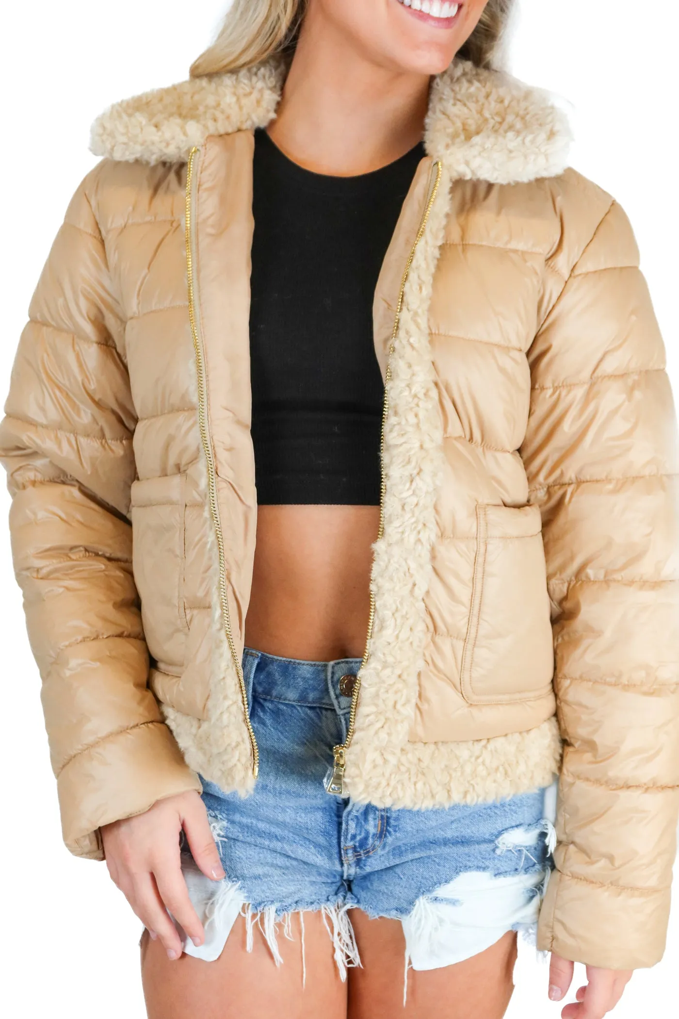 ann taylor brown puffer jacket with teddy detail (xs; retail $208)