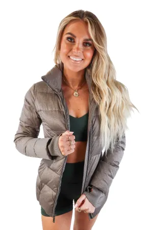 Bcbg grey cinched puffer jacket (xxs)
