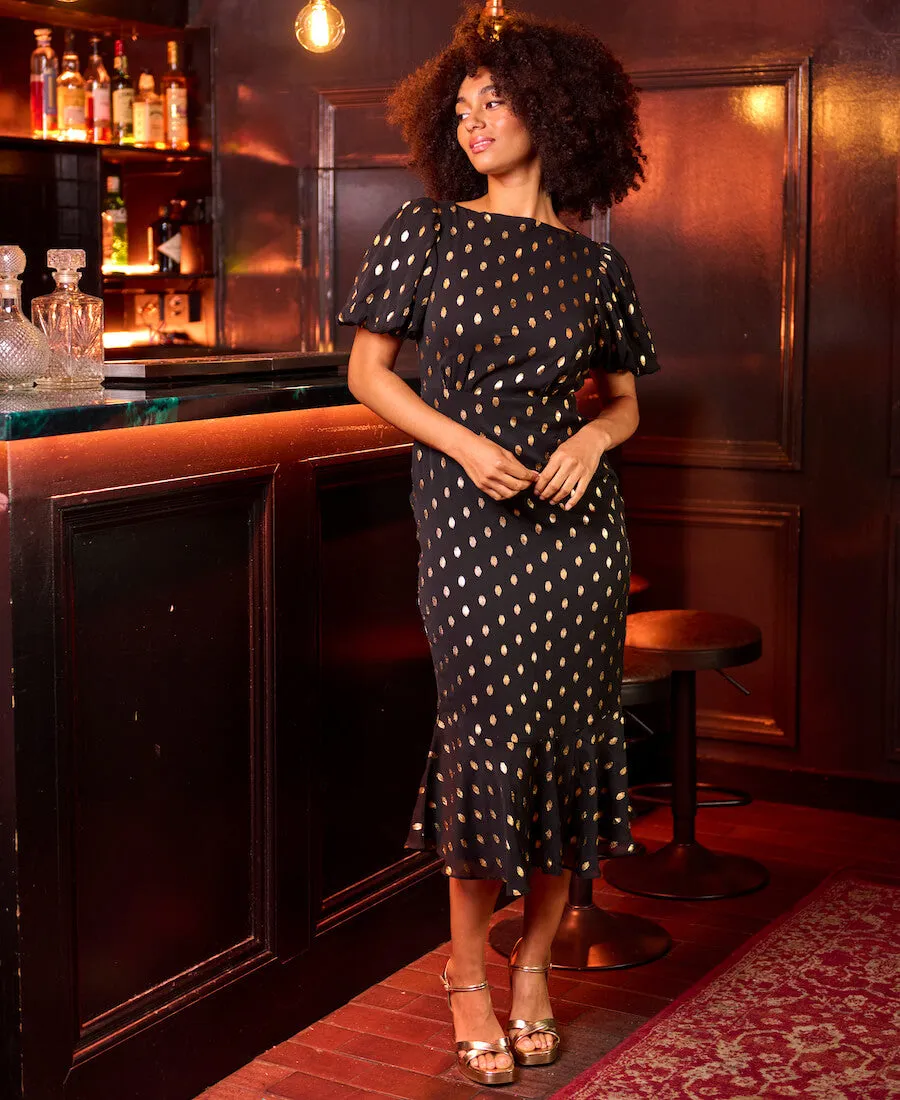 Black Chiffon Foil Puff Sleeve Midi Dress