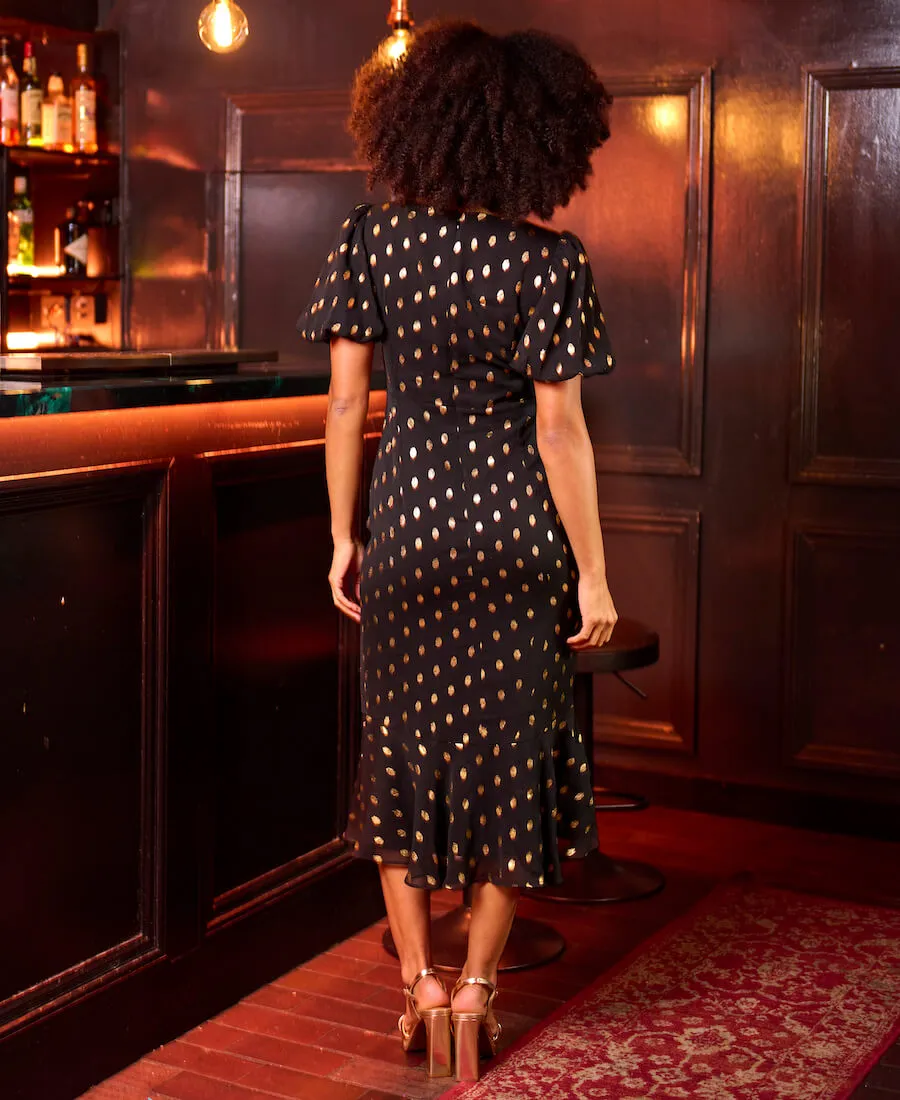 Black Chiffon Foil Puff Sleeve Midi Dress