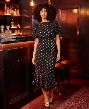 Black Chiffon Foil Puff Sleeve Midi Dress