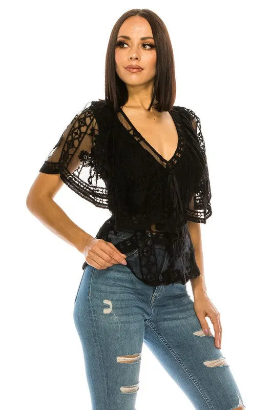 Black Lace Short Sleeve V-Neck Blouse