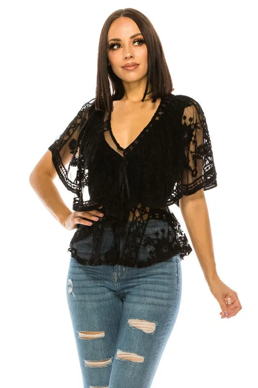 Black Lace Short Sleeve V-Neck Blouse