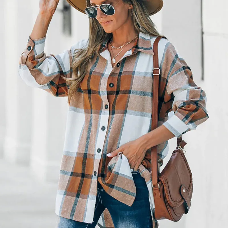 Classic Plaid Button-Down Long Sleeve Shirts for Women