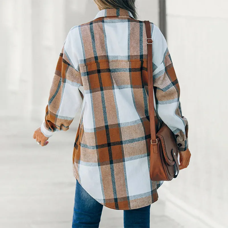 Classic Plaid Button-Down Long Sleeve Shirts for Women