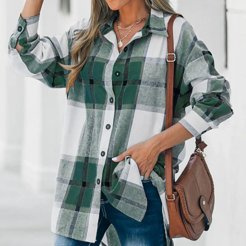 Classic Plaid Button-Down Long Sleeve Shirts for Women
