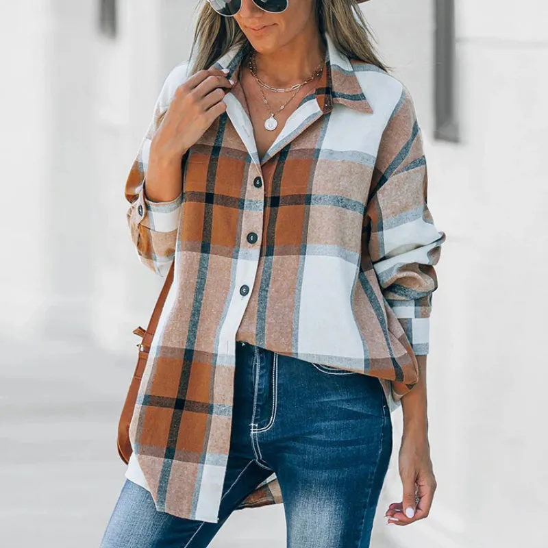 Classic Plaid Button-Down Long Sleeve Shirts for Women