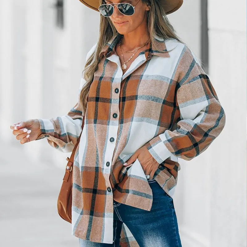 Classic Plaid Button-Down Long Sleeve Shirts for Women