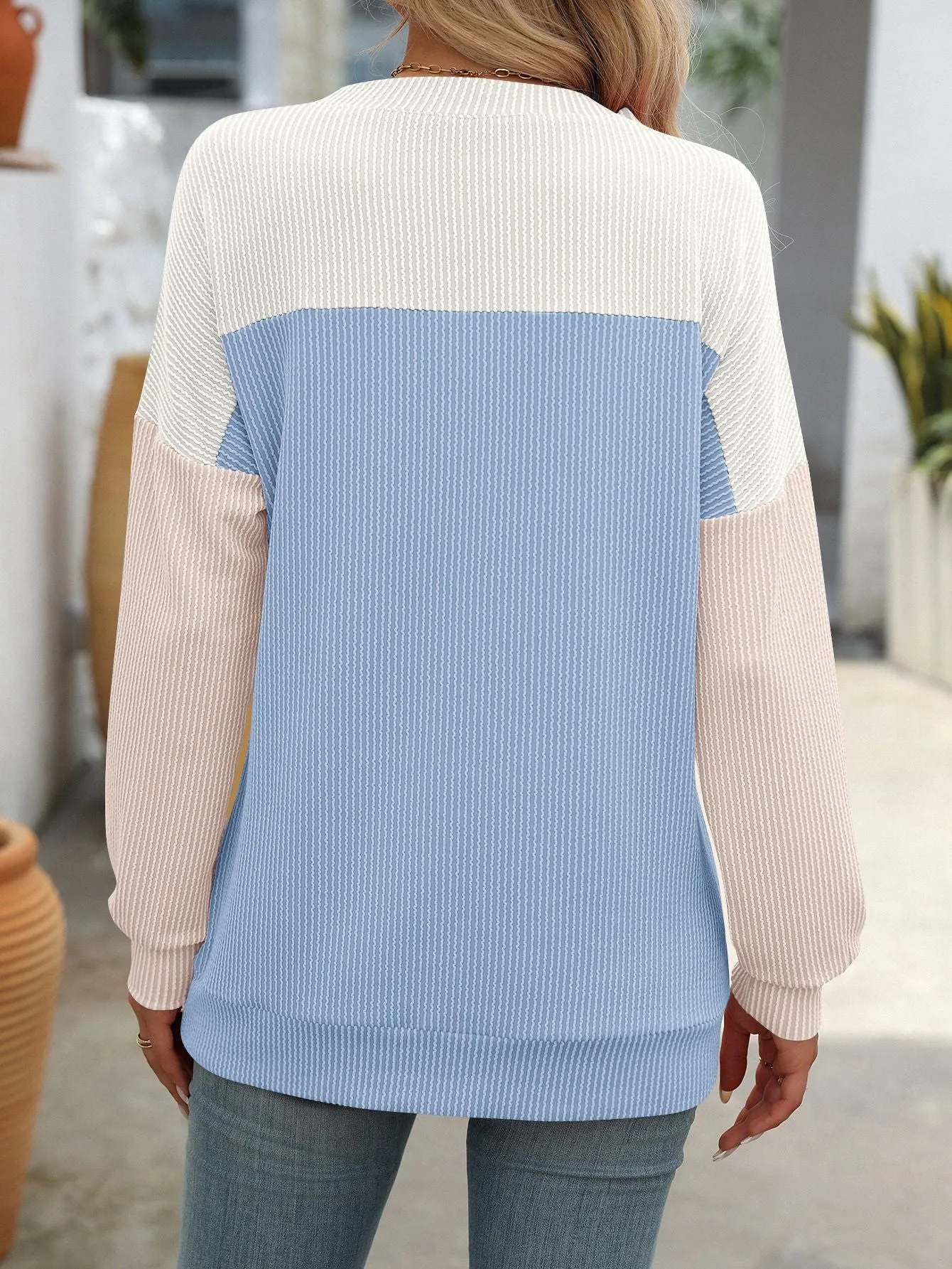 Crew Neck Twist Strip Color Matching Long Sleeve Loose T-shirt Women