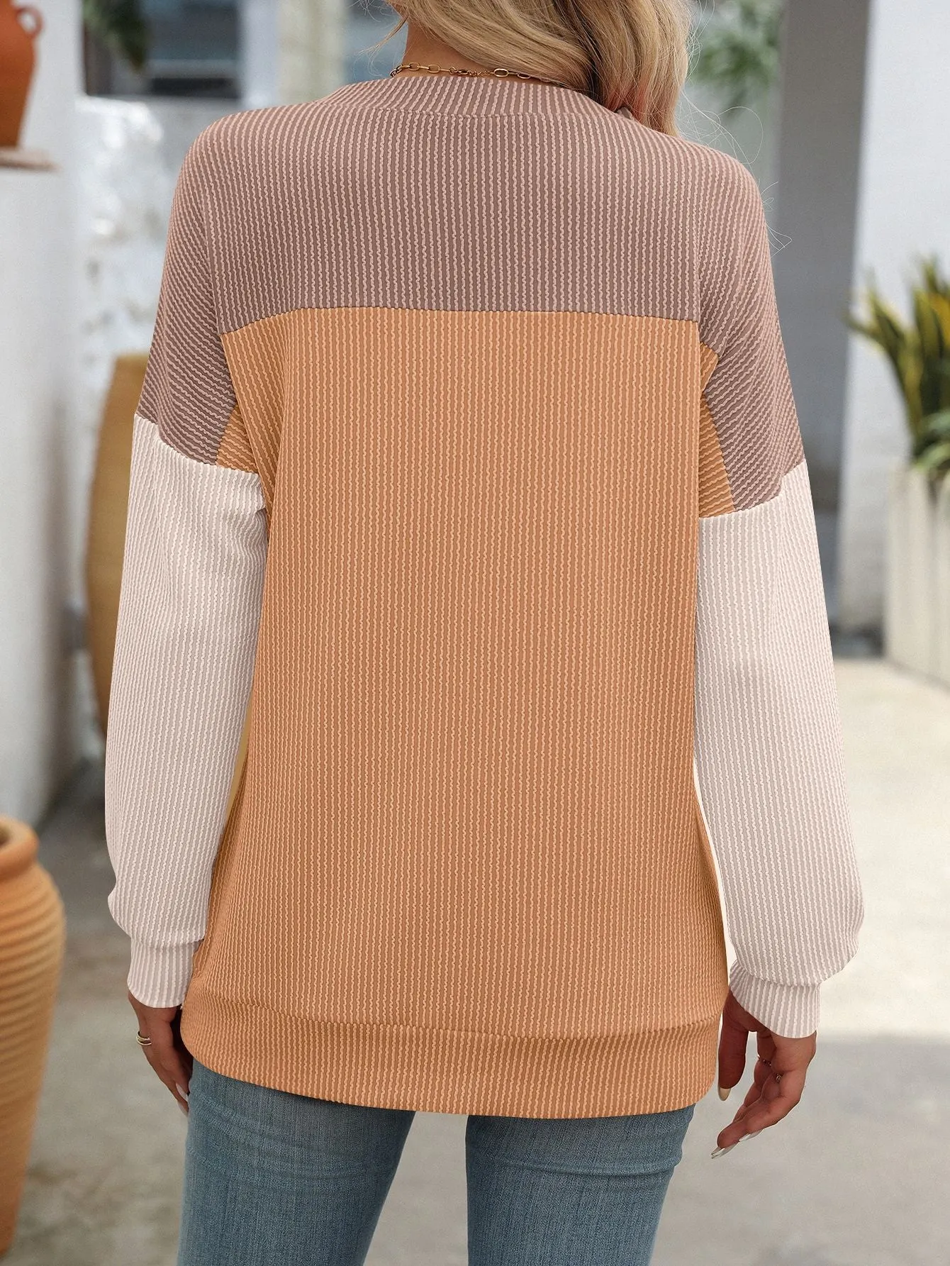Crew Neck Twist Strip Color Matching Long Sleeve Loose T-shirt Women