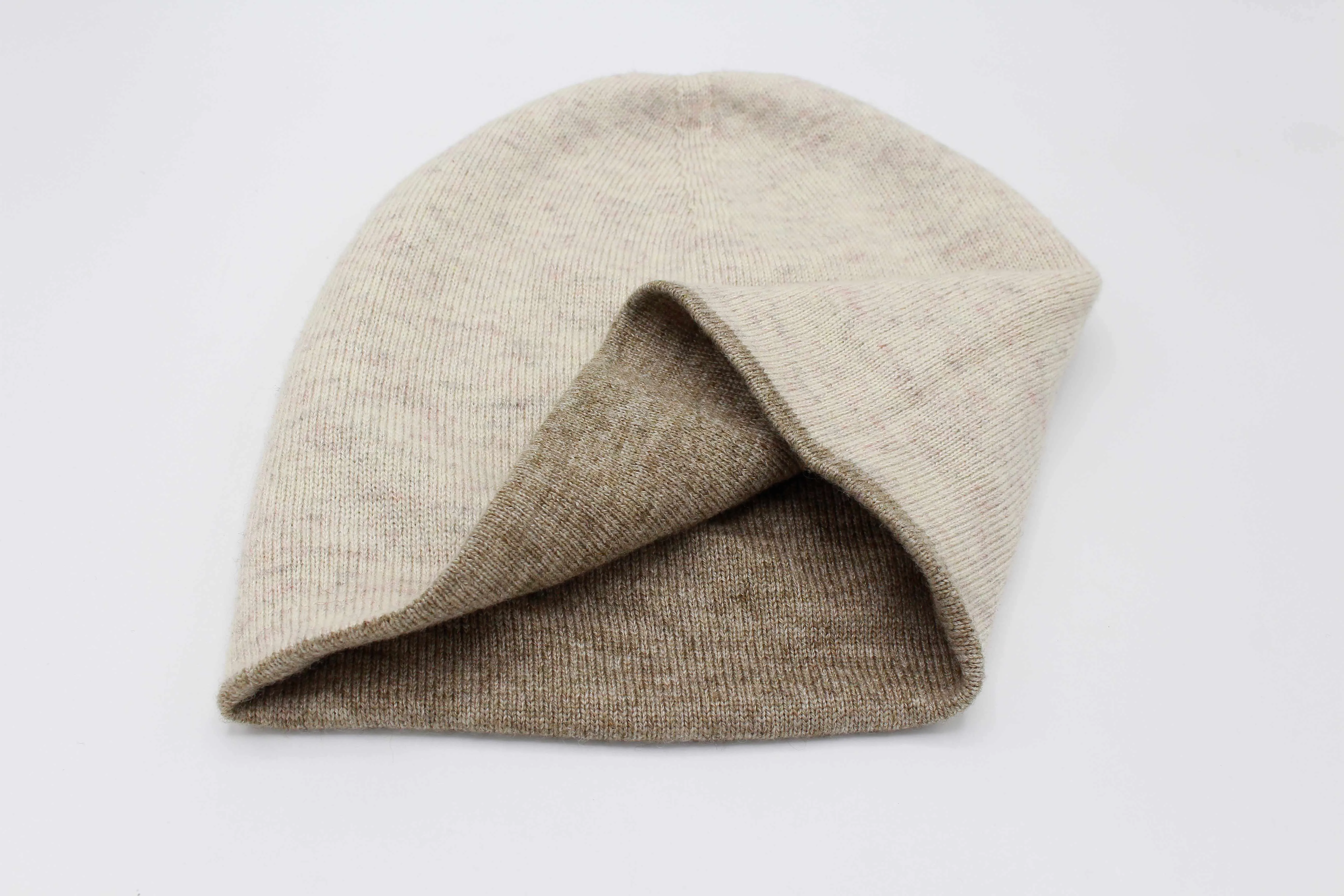 Double Sided Blurrywood Brown And off Brown 100% Cashmere Cap/Beanie
