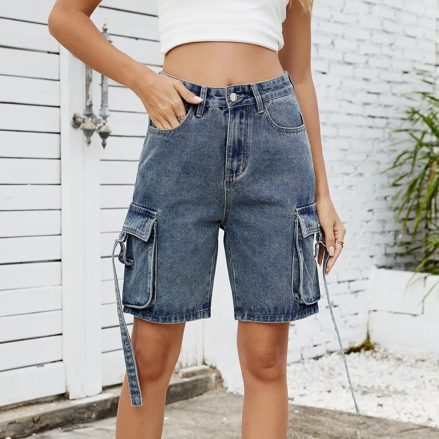 Jorts Women Baggy Cargo High Waisted Long Jean Shorts Denim Bermuda Shorts Knee Length Trendy Wide Leg Jeans
