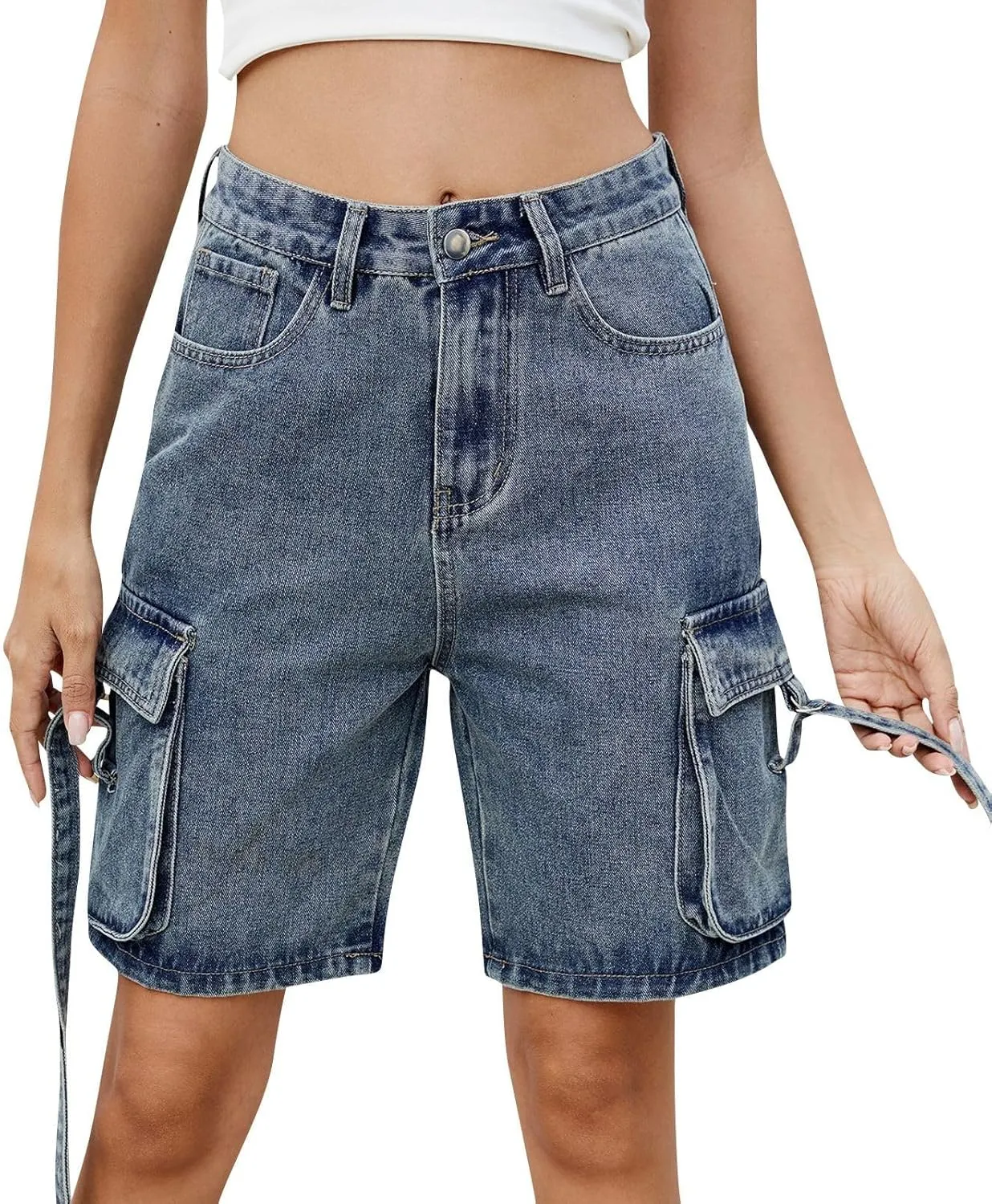 Jorts Women Baggy Cargo High Waisted Long Jean Shorts Denim Bermuda Shorts Knee Length Trendy Wide Leg Jeans