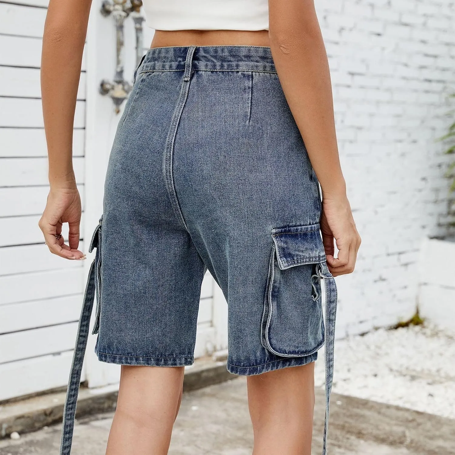 Jorts Women Baggy Cargo High Waisted Long Jean Shorts Denim Bermuda Shorts Knee Length Trendy Wide Leg Jeans