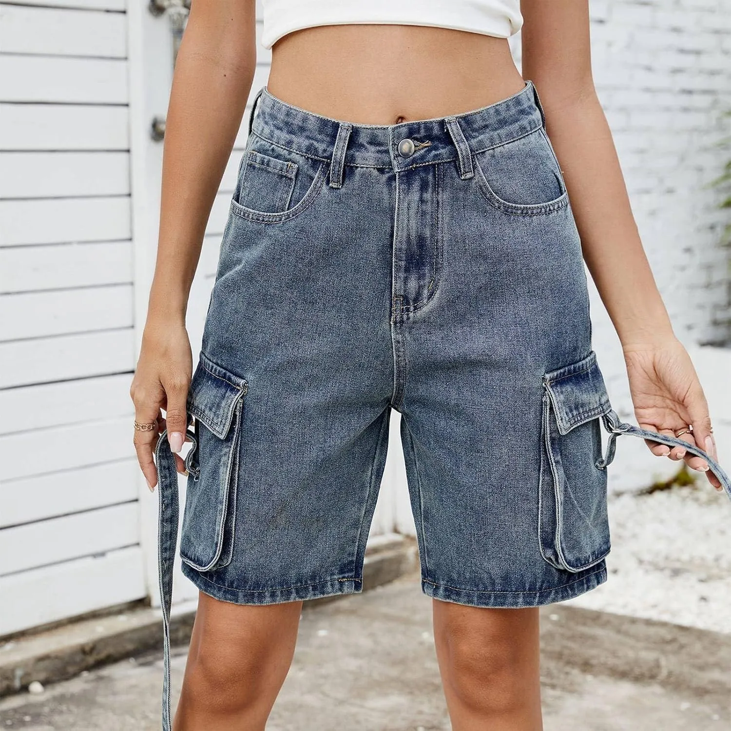 Jorts Women Baggy Cargo High Waisted Long Jean Shorts Denim Bermuda Shorts Knee Length Trendy Wide Leg Jeans