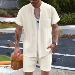 Mens Casual Set  Henley Shirt and Shorts  Relaxed Fit  Lightweight Breathable Cotton