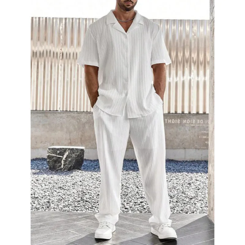 Mens Casual Set  Lightweight Cotton Blend  Relaxed Fit  Button Shirt & Pants
