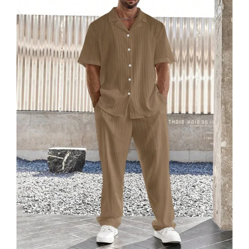 Mens Casual Set  Lightweight Cotton Blend  Relaxed Fit  Button Shirt & Pants