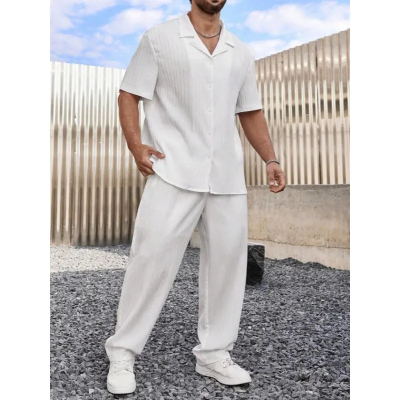 Mens Casual Set  Lightweight Cotton Blend  Relaxed Fit  Button Shirt & Pants