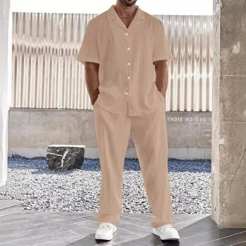 Mens Casual Set  Lightweight Cotton Blend  Relaxed Fit  Button Shirt & Pants