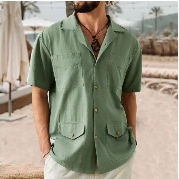 Mens Short Sleeve Shirt  Cotton Linen Blend  Relaxed Fit  Notched Collar  4 Pockets