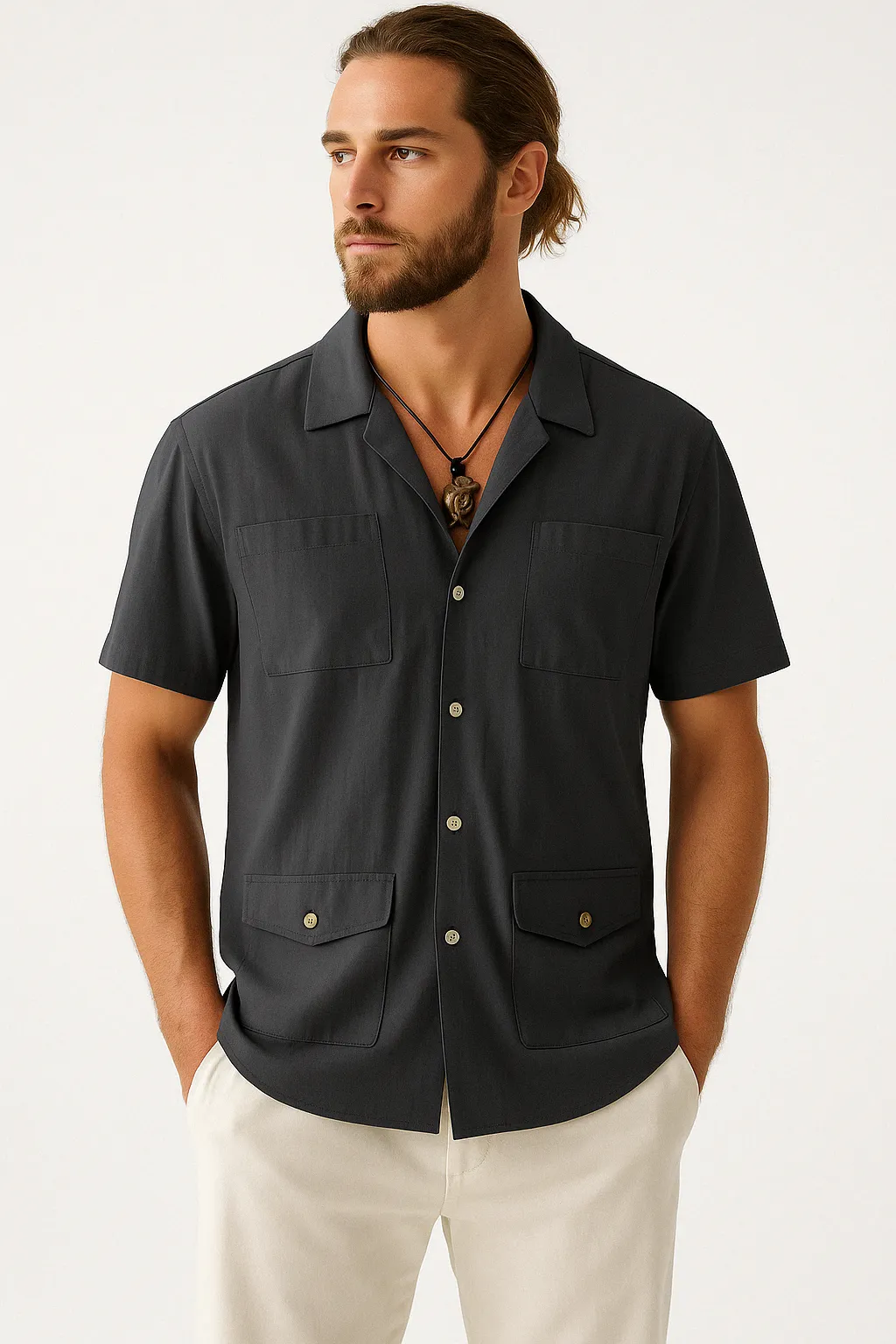 Mens Short Sleeve Shirt  Cotton Linen Blend  Relaxed Fit  Notched Collar  4 Pockets