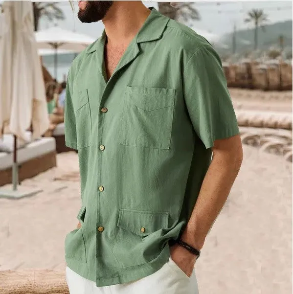 Mens Short Sleeve Shirt  Cotton Linen Blend  Relaxed Fit  Notched Collar  4 Pockets