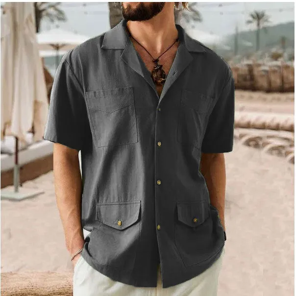 Mens Short Sleeve Shirt  Cotton Linen Blend  Relaxed Fit  Notched Collar  4 Pockets