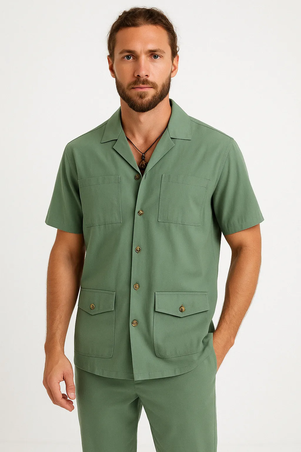 Mens Short Sleeve Shirt  Cotton Linen Blend  Relaxed Fit  Notched Collar  4 Pockets