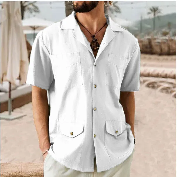 Mens Short Sleeve Shirt  Cotton Linen Blend  Relaxed Fit  Notched Collar  4 Pockets