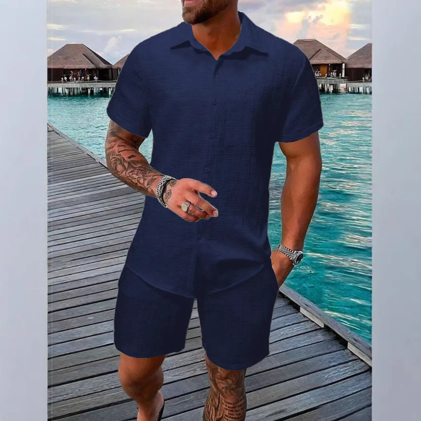 Mens Two-Piece Set  Jacquard Pattern  Relaxed Fit  Lightweight Cotton Blend