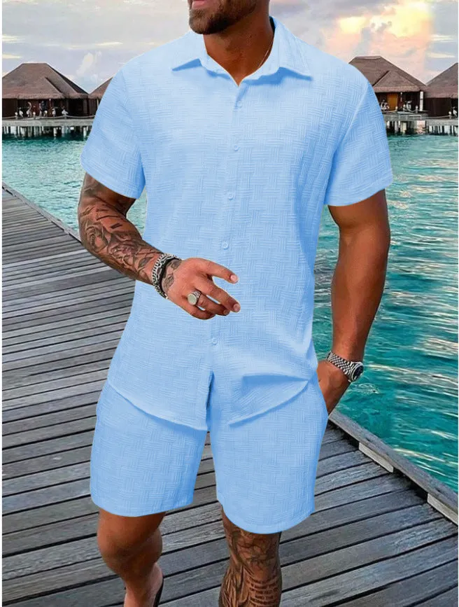 Mens Two-Piece Set  Jacquard Pattern  Relaxed Fit  Lightweight Cotton Blend