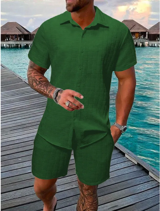 Mens Two-Piece Set  Jacquard Pattern  Relaxed Fit  Lightweight Cotton Blend