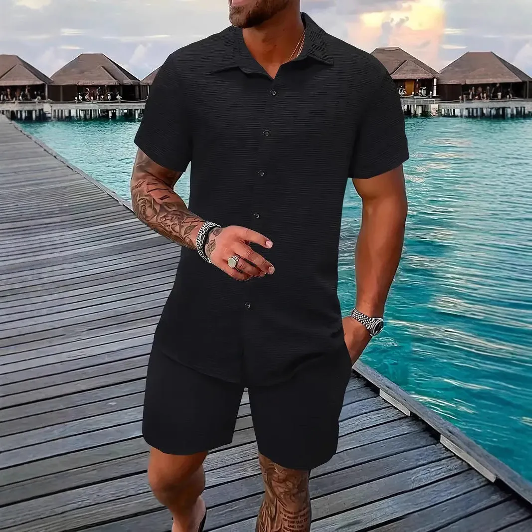 Mens Two-Piece Set  Jacquard Pattern  Relaxed Fit  Lightweight Cotton Blend