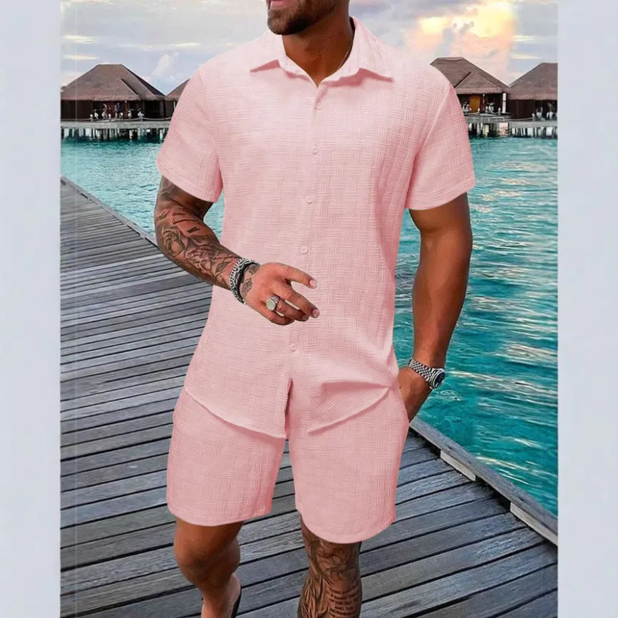 Mens Two-Piece Set  Jacquard Pattern  Relaxed Fit  Lightweight Cotton Blend