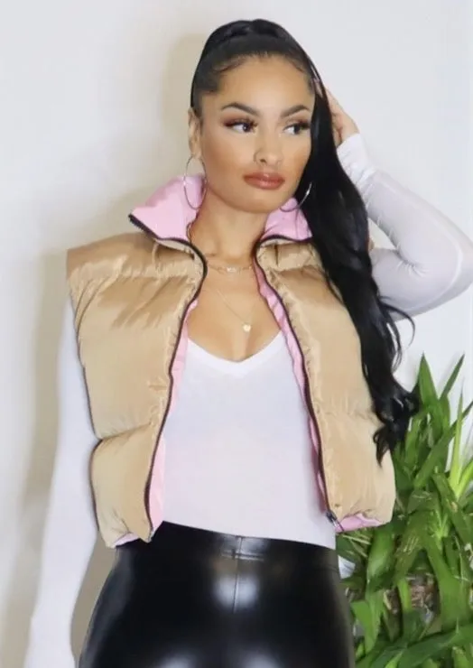 Natalia Cozy Puffer Vest (Beige/Pink)