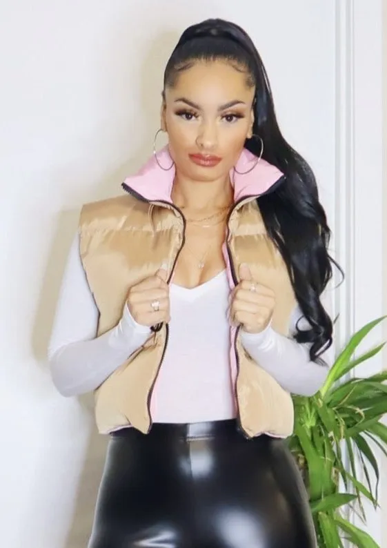 Natalia Cozy Puffer Vest (Beige/Pink)