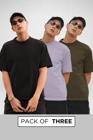 Pack Of 3 Oversized T-Shirts Black Olive Green and Lavender for Men