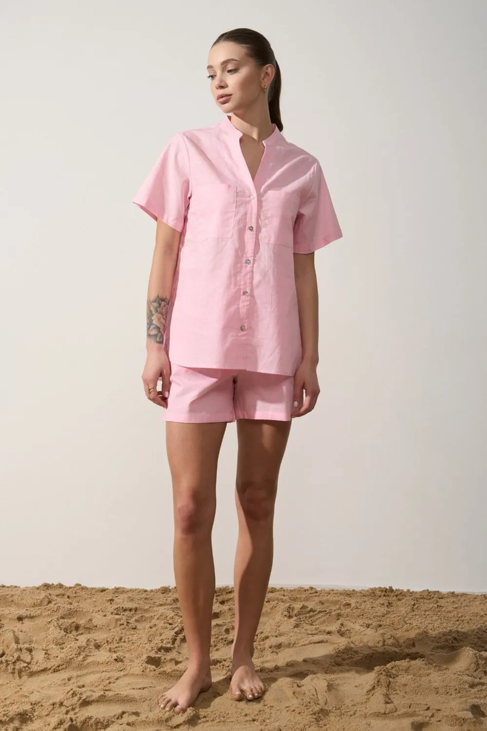 Pink Linen Blend Shorts