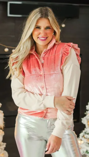 Pink Shimmer Ruffle Sleeve Puffer Vest