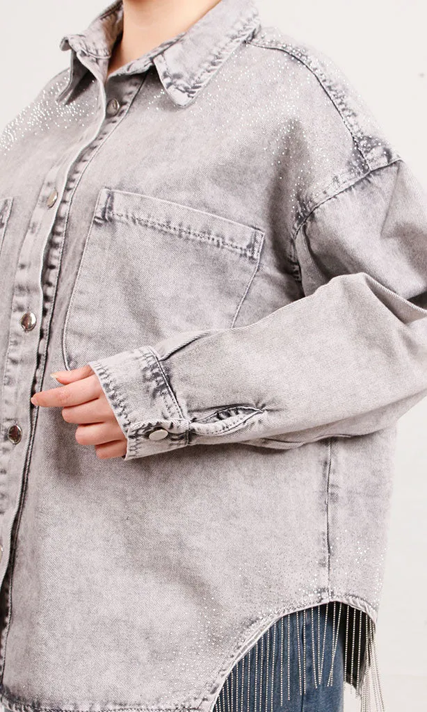 R207326 - Casual Buttoned Washed Denim Jacket - Grey
