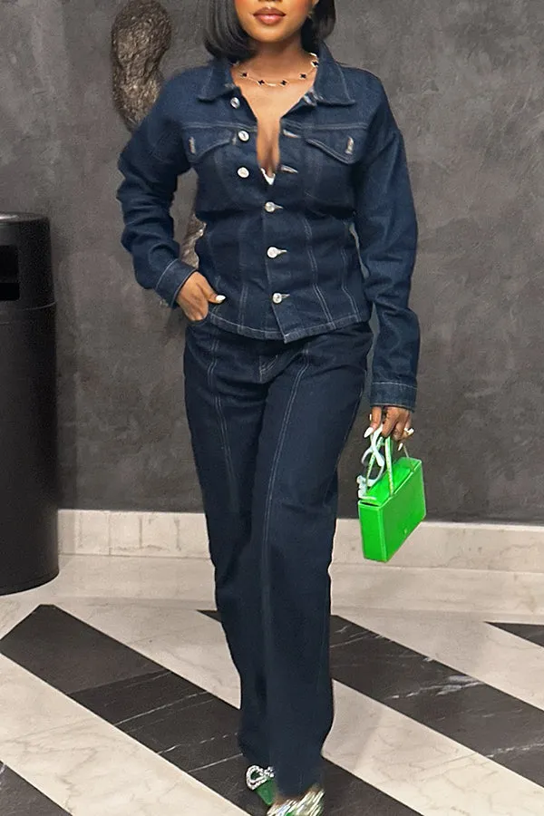 Stylish Button Up Denim Top & Pants Set